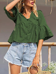 Buttoned Pleated Split-Joint Flared Sleeves Half Sleeves V-Neck T-Shirts Tops