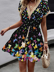 Butterfly Print Elasticity Hollow Polka-Dot Split-Joint Tasseled Tied Waist A-line Loose V-neck Mini Dresses