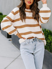 Striped Long Sleeves Loose Round-Neck Sweater Tops Pullovers Knitwear