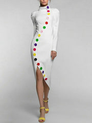 Buttoned Contrast Color Long Sleeves High Neck Midi Dresses