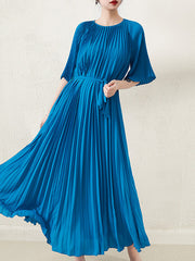 Loose Pleated With Waistband Solid Color Round-Neck Maxi Dresses