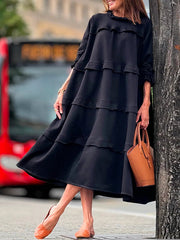 Ruffled Solid Color Split-Joint A-Line Loose Round-Neck Maxi Dresses