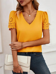 Hollow Solid Color Split-Joint Loose Short Sleeves V-Neck T-Shirts Tops