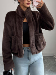 Pockets Solid Color Zipper Long Sleeves Loose Stand Collar Sweater Tops Outerwear