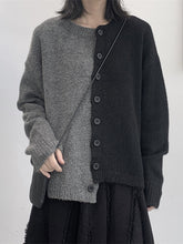 Asymmetric Buttoned Contrast Color Split-Joint Long Sleeves Loose Round-Neck Cardigan Tops