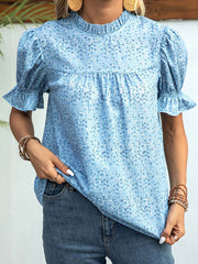 Elastics Floral Printed Split-Joint Bishop Sleeve Stand Collar Blouses&Shirts Tops