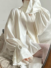 Double Layered Elasticity Solid Color Tied Flared Sleeves Long Sleeves V-Neck Blouses&Shirts Tops