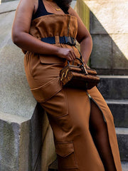 Belted Pleated Pockets Split-Back Split-Front Split-Joint Zipper Loose Skirts Bottoms
