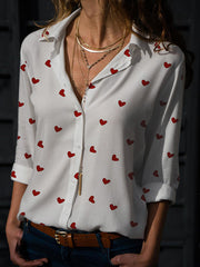 Buttoned Heart Print Long Sleeves Loose Lapel Blouses&Shirts Tops