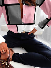 Long Sleeves Loose Buttoned Contrast Color Plaid Lapel Blouses&Shirts Tops