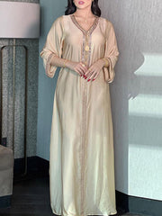Muslim Rhine Stones Long Sleeves Loose V-Neck Robes Maxi Dresses