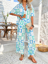 Lapel Loose Buttoned Contrast Color T-shirt Top + Elasticity Pockets High Waisted Pants Bottom Two Pieces Set