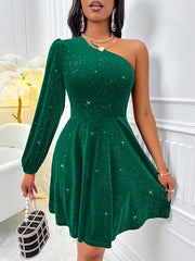 Asymmetric Elasticity Shiny Split-Joint A-Line Long Sleeves One-Shoulder Mini Dresses