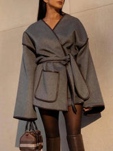 Pockets Solid Color Split-Joint Tied Waist Long Sleeves Loose V-neck Woolen Coat