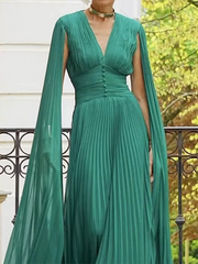 Long Sleeves Pleated Solid Color V-Neck Maxi Dresses