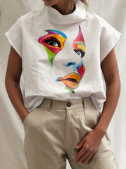 Figure Printed Loose Short Sleeves High Neck T-Shirts Tops