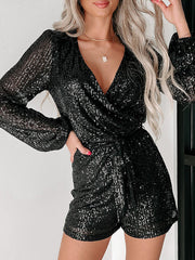 Elasticity Shiny Tied Waist High Waisted Long Sleeves Deep V-Neck Rompers