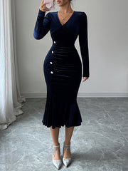 Buttoned Pleated Solid Color Velvet Bodycon High Waisted V-Neck Midi Dresses