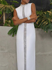 Contrast Color Shiny Split-Back Loose Sleeveless Mock Neck Maxi Dresses