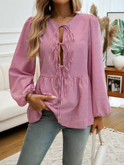 Long Sleeves Loose Elasticity Pleated Striped Tied Round-Neck Blouses&Shirts Tops