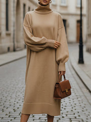 Solid Color Long Sleeves Loose High Neck Sweater Dresses Midi Dresses
