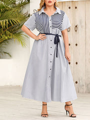 Buttoned Split-Joint Striped Tied Waist Loose Plus Size Lapel Shirt Dress Maxi Dresses