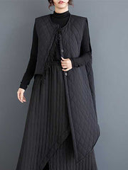 Asymmetric Buttoned Quilted Solid Color Loose Sleeveless Round-Neck Padded Vest