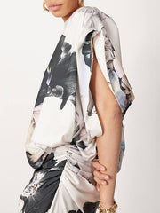 Batwing Sleeves Loose Asymmetric Floral Printed Split-Joint Split-Side One-Shoulder Evening Dresses Maxi Dresses