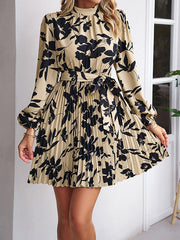 Flower Print Pleated Tied Waist High Waisted Long Sleeves Mock Neck Mini Dresses