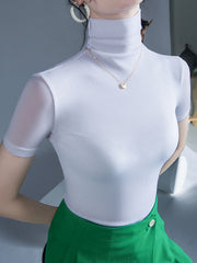 Solid Color Half Sleeves Skinny High Neck T-Shirts Tops