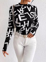 Letter Print Split-Joint Long Sleeves Skinny Mock Neck T-Shirts Tops
