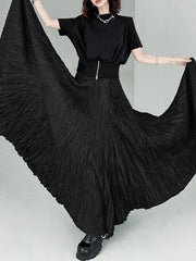 High-Waisted Pleated Solid Color A-Line Irregular Clipping Skirts