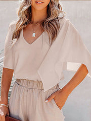 Falbala Solid Color Flared Sleeves V-Neck T-Shirts Tops