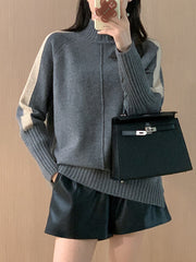 Contrast Color Split-Joint Split-Side High-Low Long Sleeves High Neck Sweater Tops Pullovers