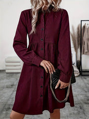 Belted Buttoned Pleated Solid Color Split-Joint A-Line Elasticated Waist Stand Collar Shirt Dress Midi Dresses