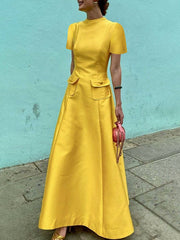 Pockets Solid Color Split-Joint Short Sleeves Round-neck Maxi Dresses