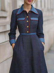 A-Line High Waisted Buttoned Pockets Solid Color Split-Joint Lapel Midi Dresses