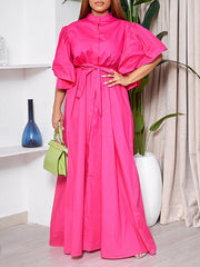 Pleated Solid Color Split-Joint Tied Waist Flared Sleeves Loose Stand Collar Shirt Dress Maxi Dresses