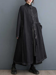 Buttoned Pockets Split-Joint Long Sleeves Loose Stand Collar Trench Coats Outerwear
