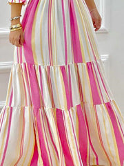 Contrast Color Pleated Split-Joint A-Line High Waisted Off-The-Shoulder Maxi Dresses