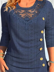 Buttoned Jacquard Pleated Split-Joint Long Sleeves Loose Round-Neck T-Shirts Tops