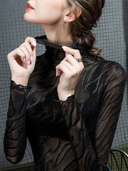 See-Through Solid Color Long Sleeves Plus Size High Neck T-Shirts Tops