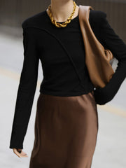 Shoulder Pad Solid Color Long Sleeves Skinny Round-Neck T-Shirts Tops