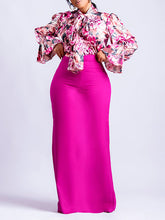 Long Sleeves Floral Printed Blouse + Split-Back Solid Color Skirt Two Pieces Set