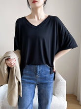 Solid Color Split-Joint Loose Short Sleeves V-neck T-Shirts Tops