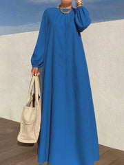 Pleated Solid Color Zipper Long Sleeves Loose Round-Neck Maxi Dresses
