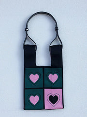 Color-Block Contrast Color Heart Print Woven Shoulder Bags Handbags