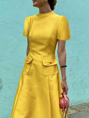 Pockets Solid Color Split-Joint Short Sleeves Round-neck Maxi Dresses