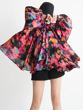 Loose Printed Puff Sleeves Pleated Stand Collar Blouses