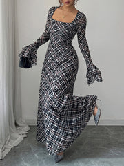 Contrast Color High-Waisted Plaid A-Line Flared Sleeves Square-Neck Maxi Dresses